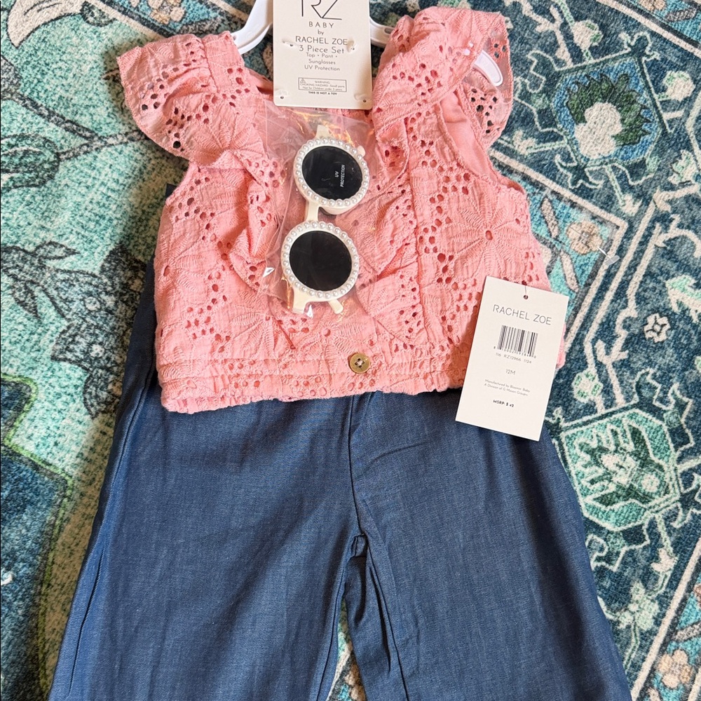 Rachel Zoe Baby Pink Eyelet Ruffle Top with Navy Pants Set